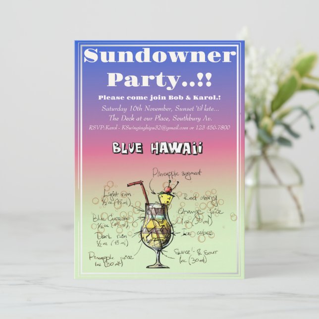 Convites Sundowner Blue Hawaii Cocktail Party (Em pé/Frente)