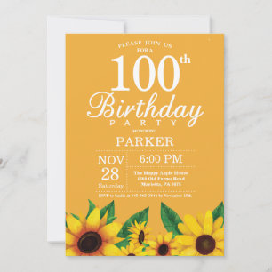 Convites Sunflower 100th Aniversário