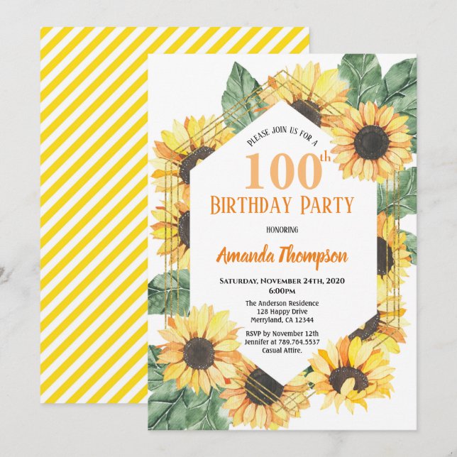 Convites Sunflower 100th Celebration Women (Frente/Verso)