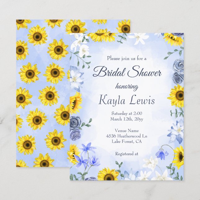Convites Sunflower and Dusty Blue Rose Bridal Shower (Frente/Verso)