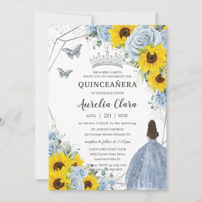 Convites Sunflower Baby Blue Princesa Floral Quinceañera (Frente)