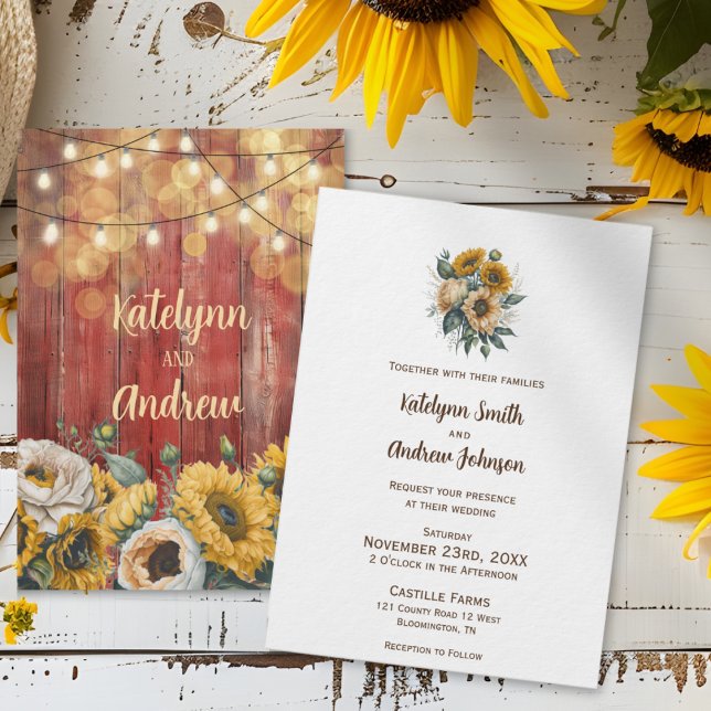 Convites Sunflower Barn Wood String Luz Rustic Weding (Criador carregado)