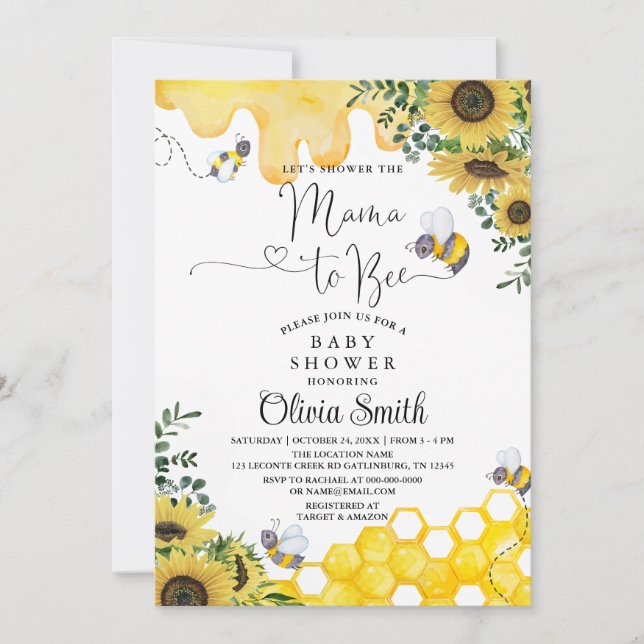 Convites Sunflower Bee Mama para Bee Floral Chá de fraldas (Frente)