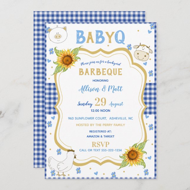 Convites Sunflower Blue Gingham Baby Q Barbecue (Frente/Verso)