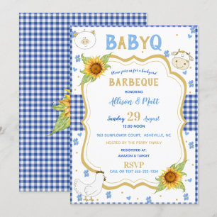 Convites Sunflower Blue Gingham Baby Q Barbecue