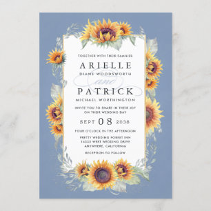 Convites Sunflower Blue Watercolor Rustic Themed Weding