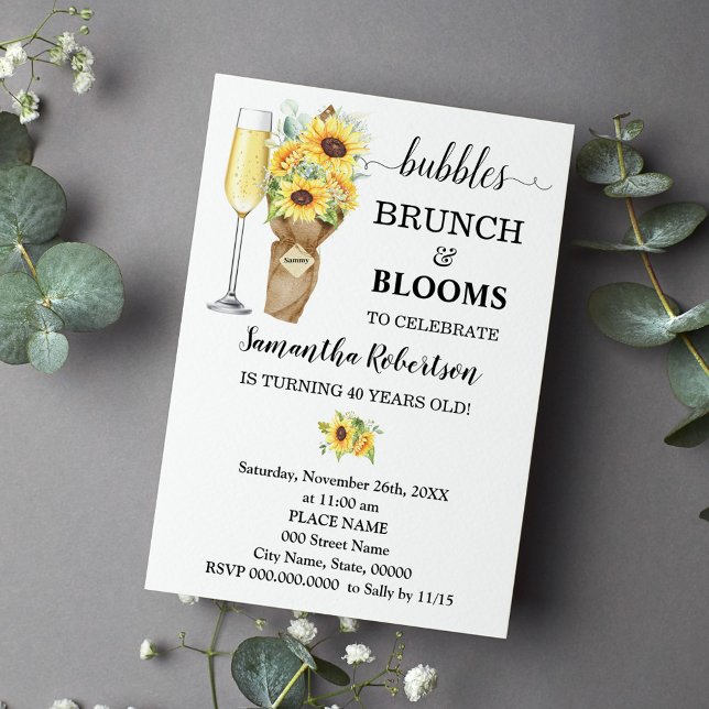 Convites Sunflower Bubbles Brunch e Blooms Aniversário (Criador carregado)