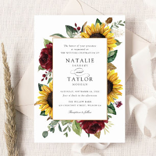 Convites Sunflower Burgundy Greenery Floral Casamento Russo