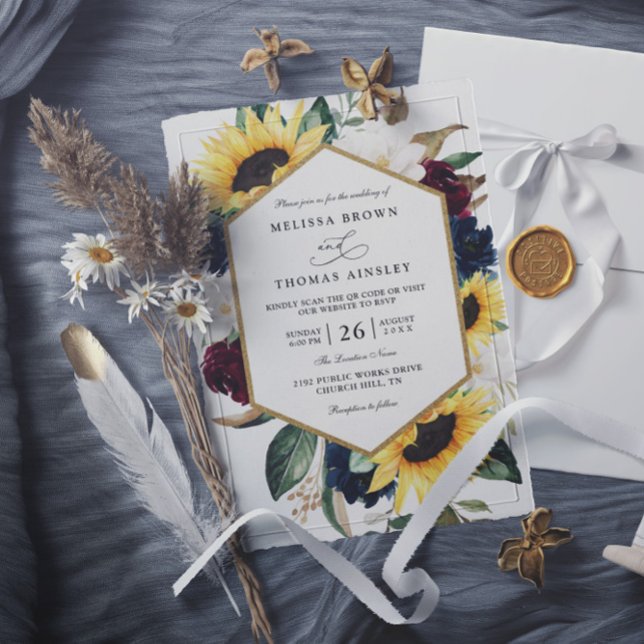 Convites Sunflower Burgundy Navy Blue QR Code Wedding (Criador carregado)