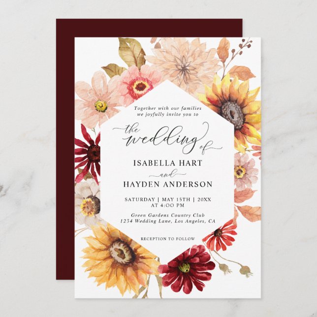 Convites Sunflower & Burgundy Queda Casamento Floral Selvag (Frente/Verso)