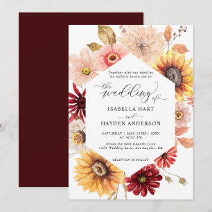 Convites Sunflower & Burgundy Queda Casamento Floral Selvag