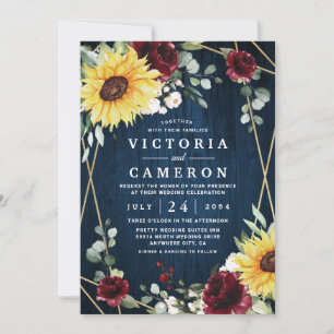 Convites Sunflower Burgundy Rosa Marinho Casamento Geométr