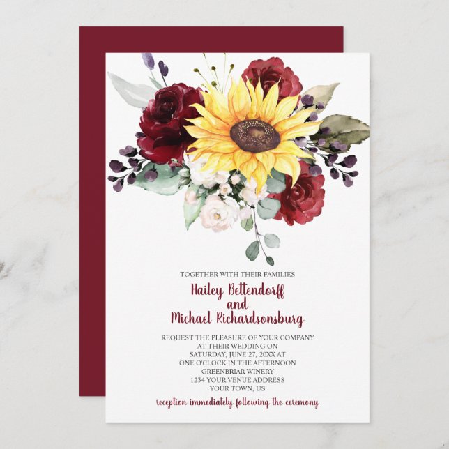 Convites Sunflower Burgundy Rosas Greenery Casamento (Frente/Verso)
