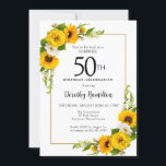 Convites Sunflower Daisy 50th Birthday Surprise Party<br><div class="desc">Cartão de aniversário de 50 anos, floral amarelo bonito. Peônias amarelas e margaridas brancas se misturam com os girassóis. Um quadro retangular de ouro lhe dá uma vibração elegante. Muito fácil de personalizar. Essa parte de trás é branca com um buquê de girassol. Isto é perfeito para uma celebração de...</div>
