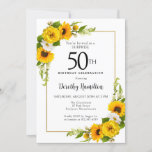 Convites Sunflower Daisy 50th Birthday Surprise Party<br><div class="desc">Cartão de aniversário de 50 anos, floral amarelo bonito. Peônias amarelas e margaridas brancas se misturam com os girassóis. Um quadro retangular de ouro lhe dá uma vibração elegante. Muito fácil de personalizar. Essa parte de trás é branca com um buquê de girassol. Isto é perfeito para uma celebração de...</div>