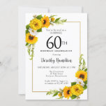 Convites Sunflower Daisy 60th Birthday Surprise Party<br><div class="desc">Cartão de aniversário de 60 anos, floral amarelo bonito. Peônias amarelas e margaridas brancas se misturam com os girassóis. Um quadro retangular de ouro lhe dá uma vibração elegante. Muito fácil de personalizar. Essa parte de trás é branca com um buquê de girassol. Isto é perfeito para uma celebração de...</div>