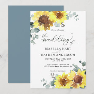 Convites Sunflower Dusty Blue Floral Eucalyptus Weding