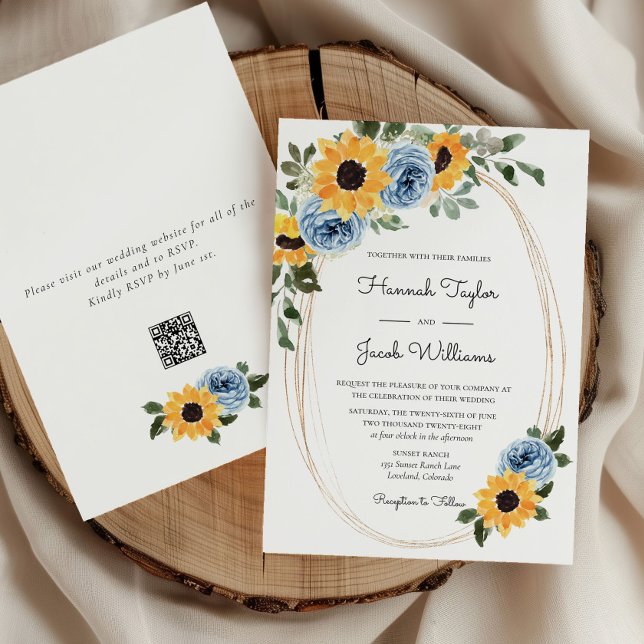 Convites Sunflower Dusty Blue Rustic Código QR Casamento (Criador carregado)