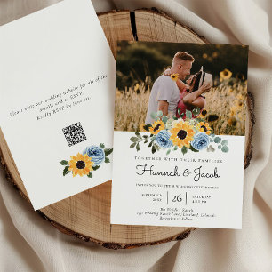 Convites Sunflower Dusty Blue Rustic Photo Código QR Casame