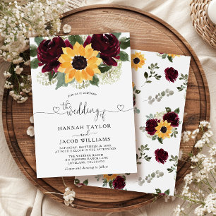 Convites Sunflower e Rosas Casamento Vermelho Borgonha