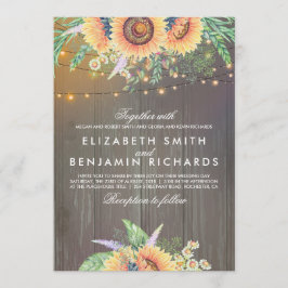 Convites Sunflower e String Luzes Rustic Wood Casamento