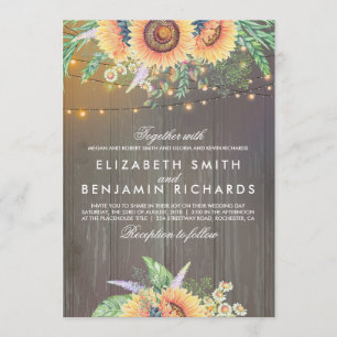 Convites Sunflower e String Luzes Rustic Wood Casamento