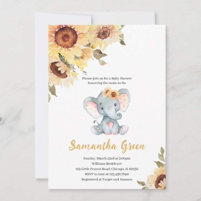 Convites Sunflower Elephant Baby Shower (Frente)