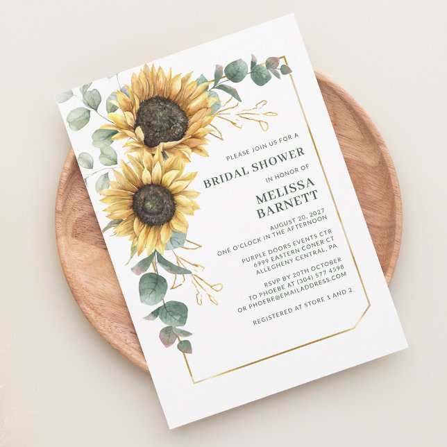 Convites Sunflower Eucalyptus Bloom Chá de panela Botânico (Floral Sunflower Eucalyptus Watercolor Bridal Shower Invitation)