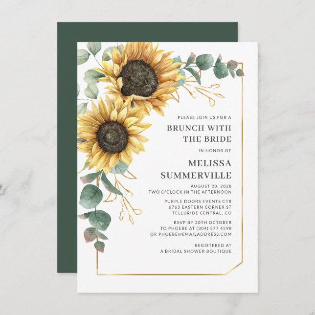 Convites Sunflower Eucalyptus Brunch com Bride Greenery (Frente/Verso)