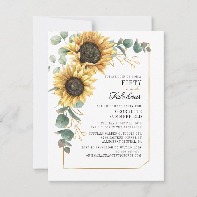 Convites Sunflower Eucalyptus Greenery Script 50º Aniversár (Frente)