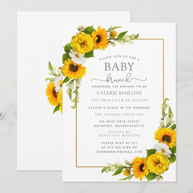 Convites Sunflower Floral Baby Brunch Amarelo (Frente/Verso)