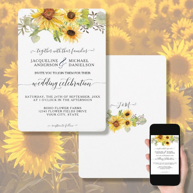 Convites Sunflower Floral BOHO Chic Eucalyptus Leaf Weding (Criador carregado)