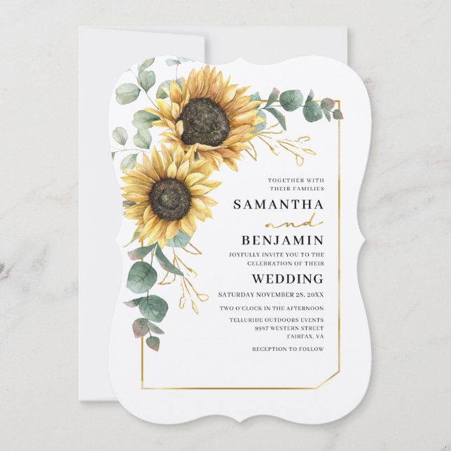 Convites Sunflower Floral Eucalyptus Greenery Casamento (Frente)
