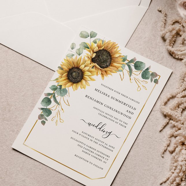 Convites Sunflower Floral Eucalyptus Wedding (Sunflower Floral Eucalyptus Wedding Script Watercolor Invitation)