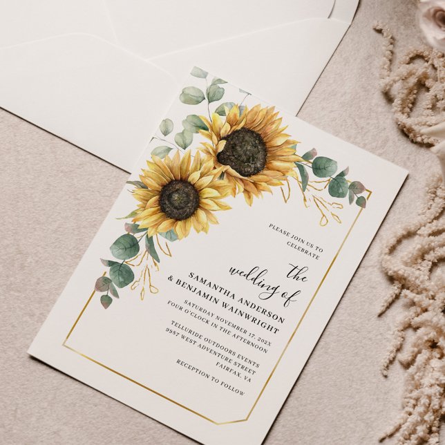 Convites Sunflower Floral Eucalyptus Wedding (Floral Sunflower Eucalyptus Watercolor Wedding Invitation)