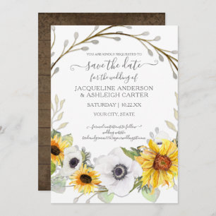 Convites Sunflower Floral Rustic Watercolor Salvar Data