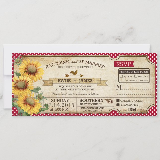 Convites Sunflower Gingham Check Country Picnic Casamento (Frente)