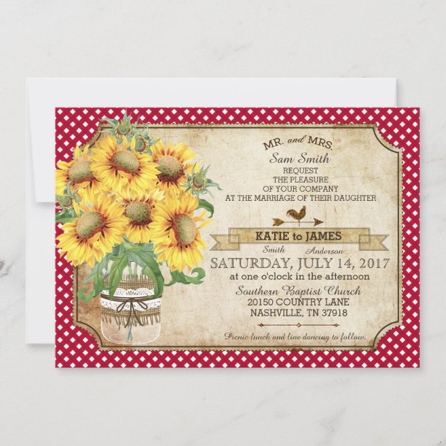 Convites Sunflower Gingham Check Country Picnic Casamento (Frente)