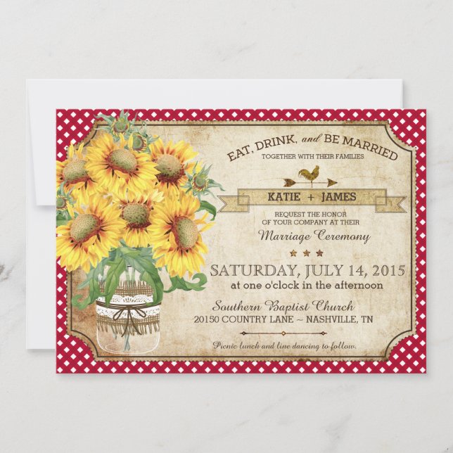 Convites Sunflower Gingham Cheque Casamento de Piquenique n (Frente)