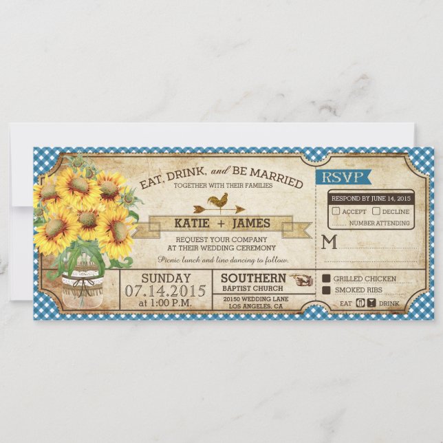 Convites Sunflower Gingham Cheque Casamento de Piquenique n (Frente)