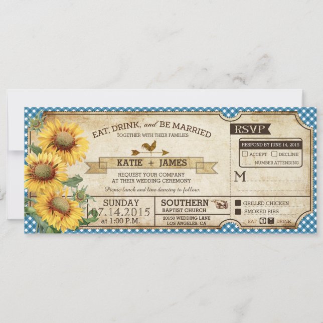Convites Sunflower Gingham Cheque Casamento de Piquenique n (Frente)