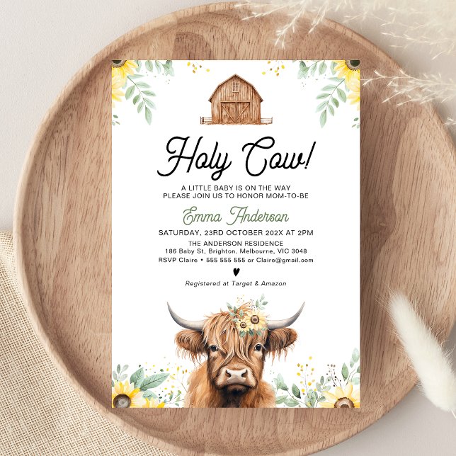Convites Sunflower Highland Cow Santa Chá de fraldas (Holy Cow Baby Shower Invitation, Gender Neutral Baby Shower Invite, Highland Cow, Yellow Sunflowers )