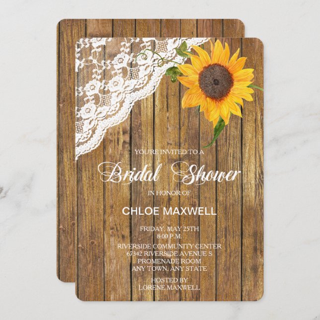 Convites Sunflower Lace Wood Floral Chá de panela (Frente/Verso)