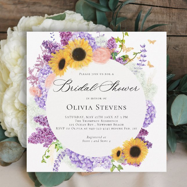 Convites Sunflower Lilac Butterflies Floral Bridal Shower (bridal shower invitation sunflowers lilac butterflies boho romantic purple gold pink)