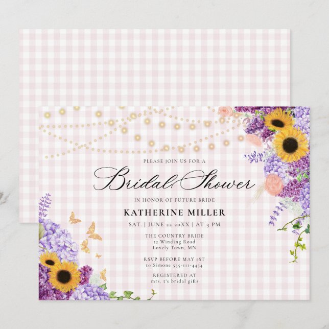 Convites Sunflower Lilac Pink Gingham Rustic Bridal Shower (Frente/Verso)