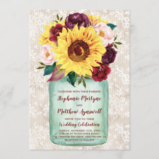 Convites Sunflower Mason Jar Burgundy Floral Lace Casamento