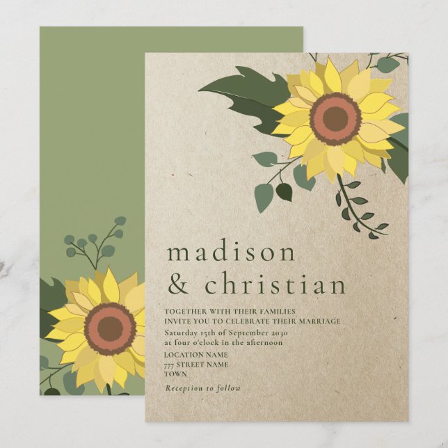 Convites Sunflower Modern Sage Green Wedding (Frente/Verso)