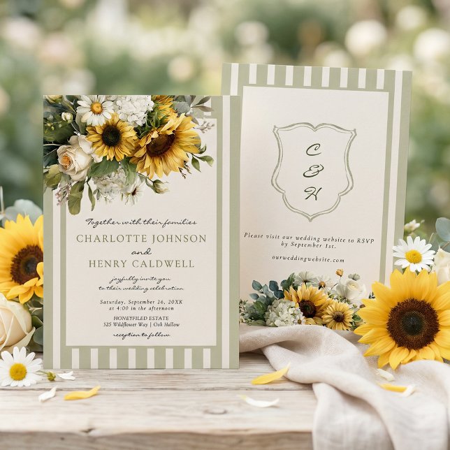 Convites Sunflower Monogram Crest Wedding  (Criador carregado)