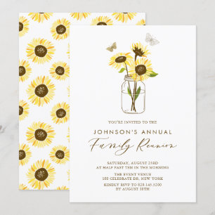 Convites Sunflower na Reunião da Família Mason Jar Summer