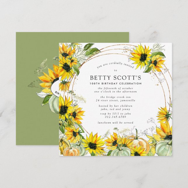 Convites Sunflower Pumpkin Autumn 100th Square Aniversário (Frente/Verso)